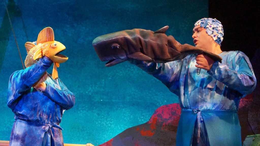Fish and whale theater puppets with actors